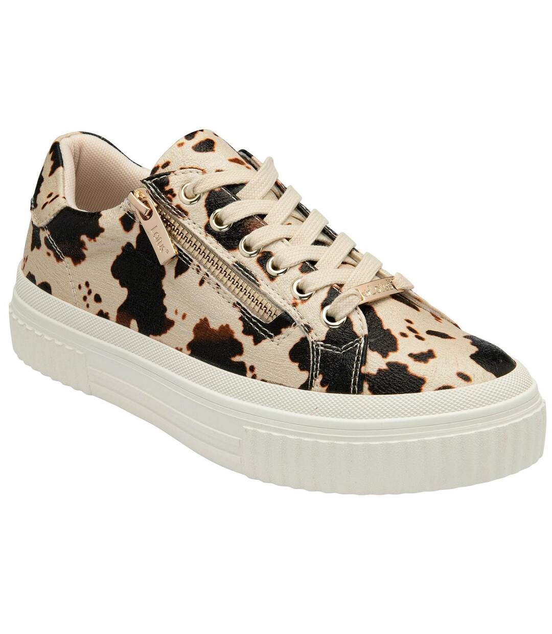 Womens/ladies Alexa Cow Print Trainers Beige Brown Lotus Shoes-1
