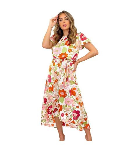 Robe Mi-longue Manches Bouffantes Motif/style Floral Femme Crème AX Paris
