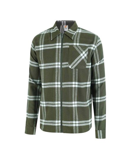 Mens Checked Flannel Full Zip Long-sleeved Shacket Khaki Green SoulCal