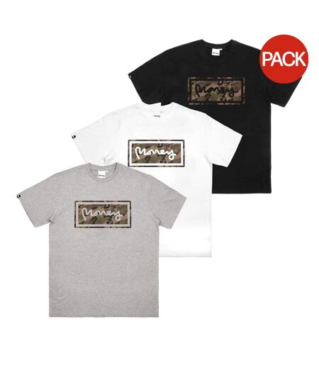 Pack Of 3  Mens Camo Box T-shirt  Black White Grey Melange Money