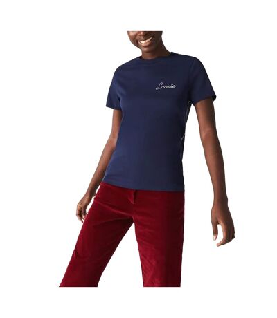 Womens/ladies Embroidered Cotton Crew Neck T-shirt Blue Lacoste
