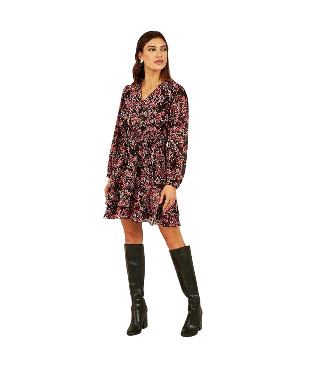 Womens/ladies Blossom V Neck Skater Dress Black Multicoloured Mela London-4