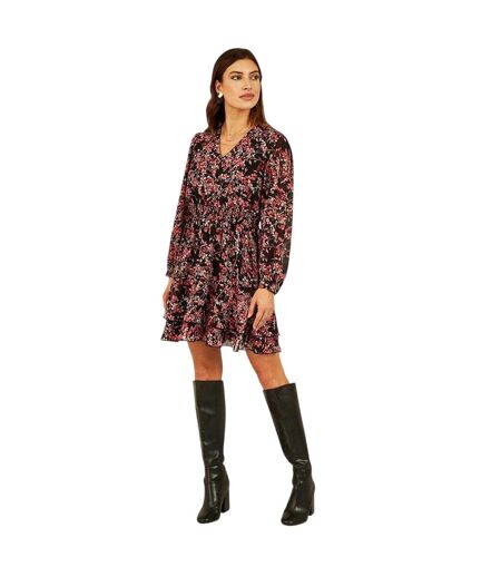 Womens/ladies Blossom V Neck Skater Dress Black Multicoloured Mela London