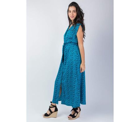 Robe longue ceinturée SELINA motif bleu et noir Coton Du Monde