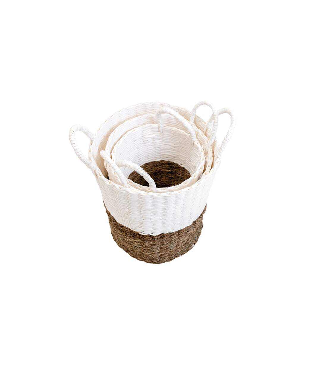 Lot de 3 Paniers bicolores en jonc et papier tressés - Beige et Blanc-3