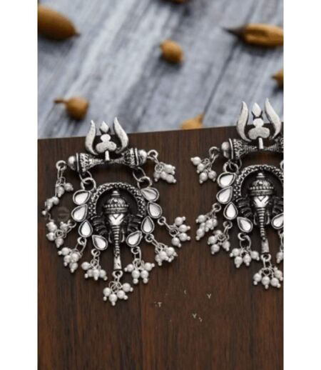 Large Spiritual Ganesha Indian Statement Temple Oxidised Stud Vintage Earrings