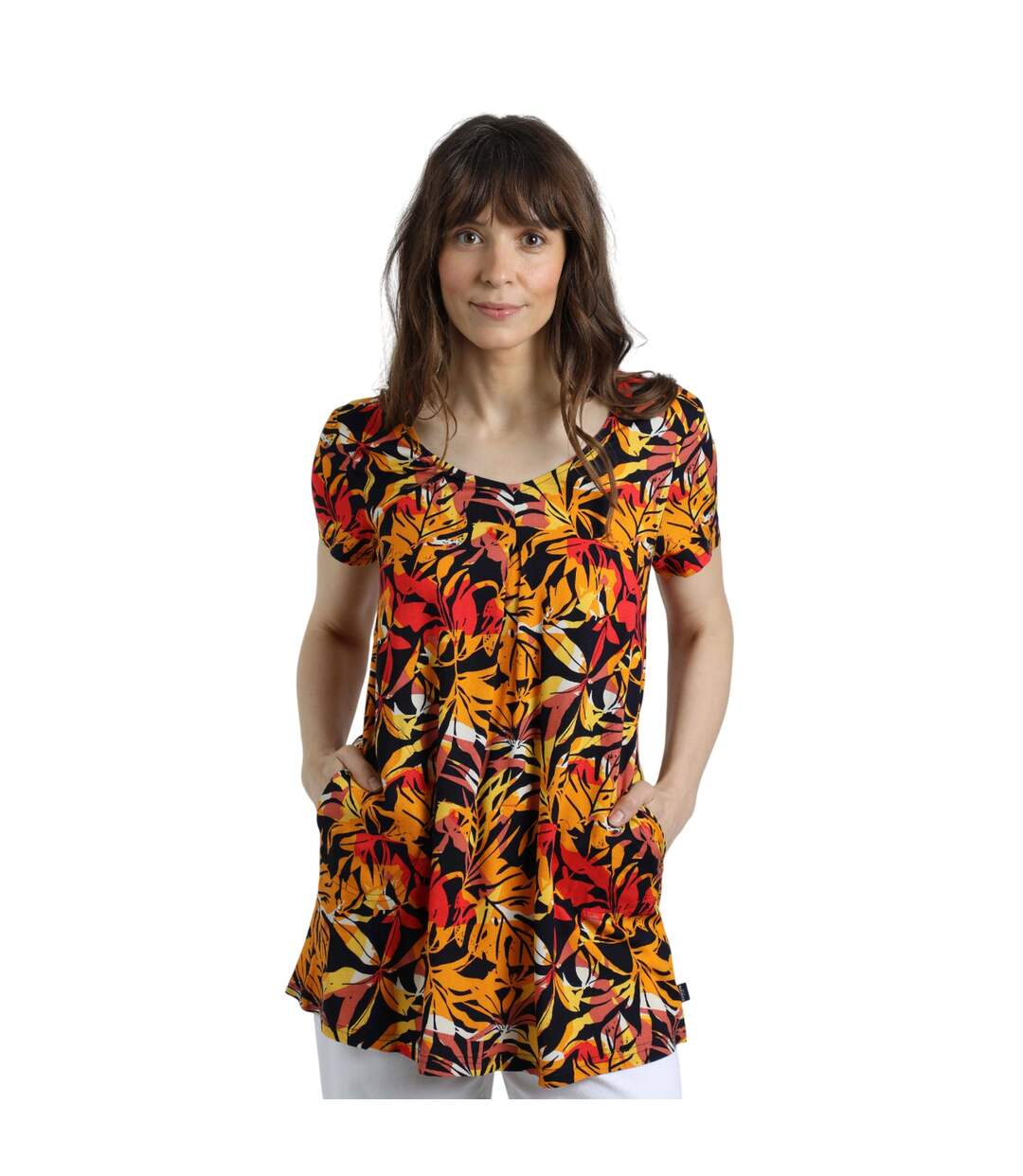 Womens/ladies Nuri Printed Eco Liva Tunic Caramel Weird Fish-1