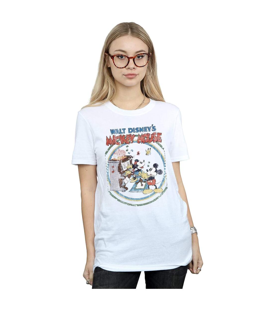 Disney Femme/Ladies - Mickey Mouse Piano Cotton Boyfriend T-Shirt (Blanc) - UTBI35874-2
