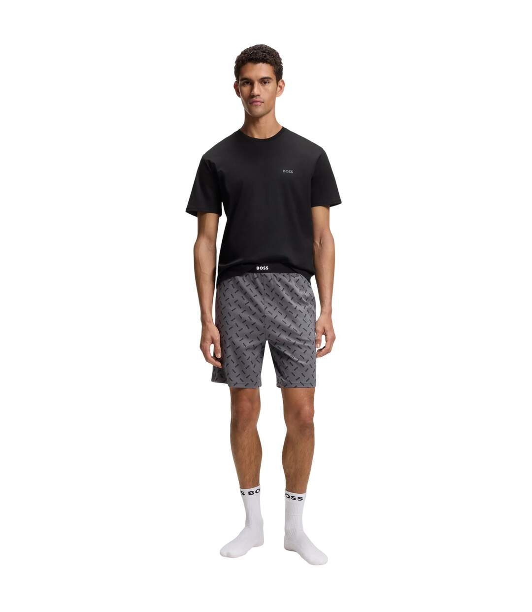 Mens Printed Relaxed Fit T-shirt & Shorts Set Grey Black Boss-1