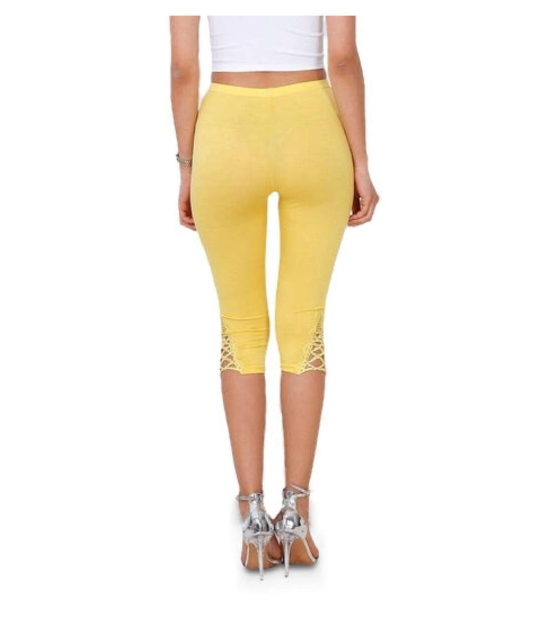 Legging femme - Legging court avec strass et dentelle sur les cotés - Jaune-5