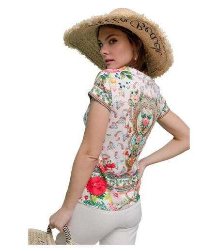 Tee shirt femme manches courtes avec motifs imprimés multicolores - Col rond
