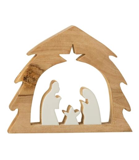 Crèche Sapin en Bois Ajourée 37cm Blanc & Naturel
