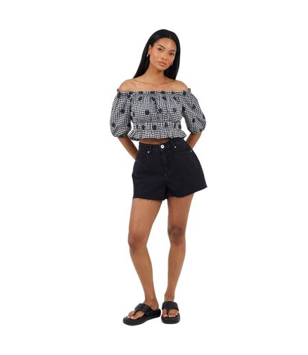 Womens/ladies Anglaise Gingham Puff Sleeve Top Black White Brave Soul