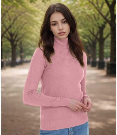 Pull femme manches longues - Col roulé - Couleur rose