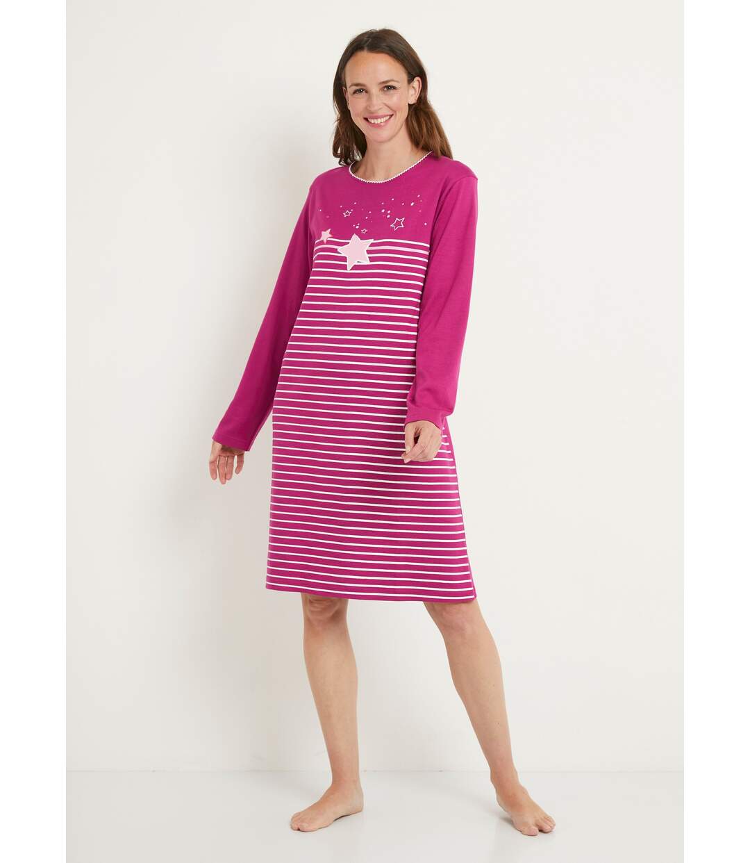 Chemise de nuit courte coton interlock uni rayé-1