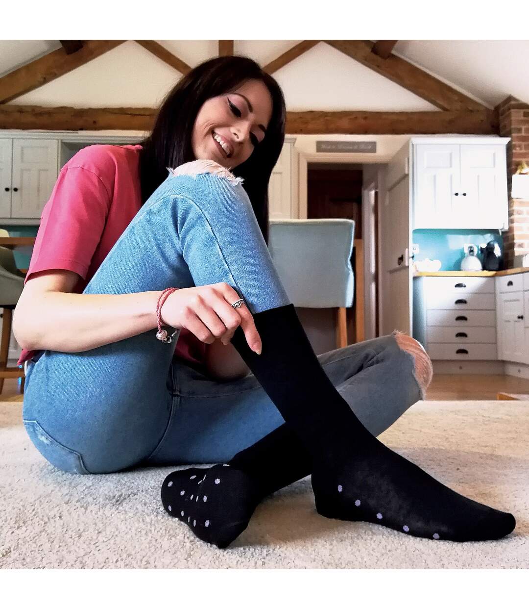 10 Pairs Ladies Black Cotton Crew Socks Hearts & Bows Everyday Socks-4