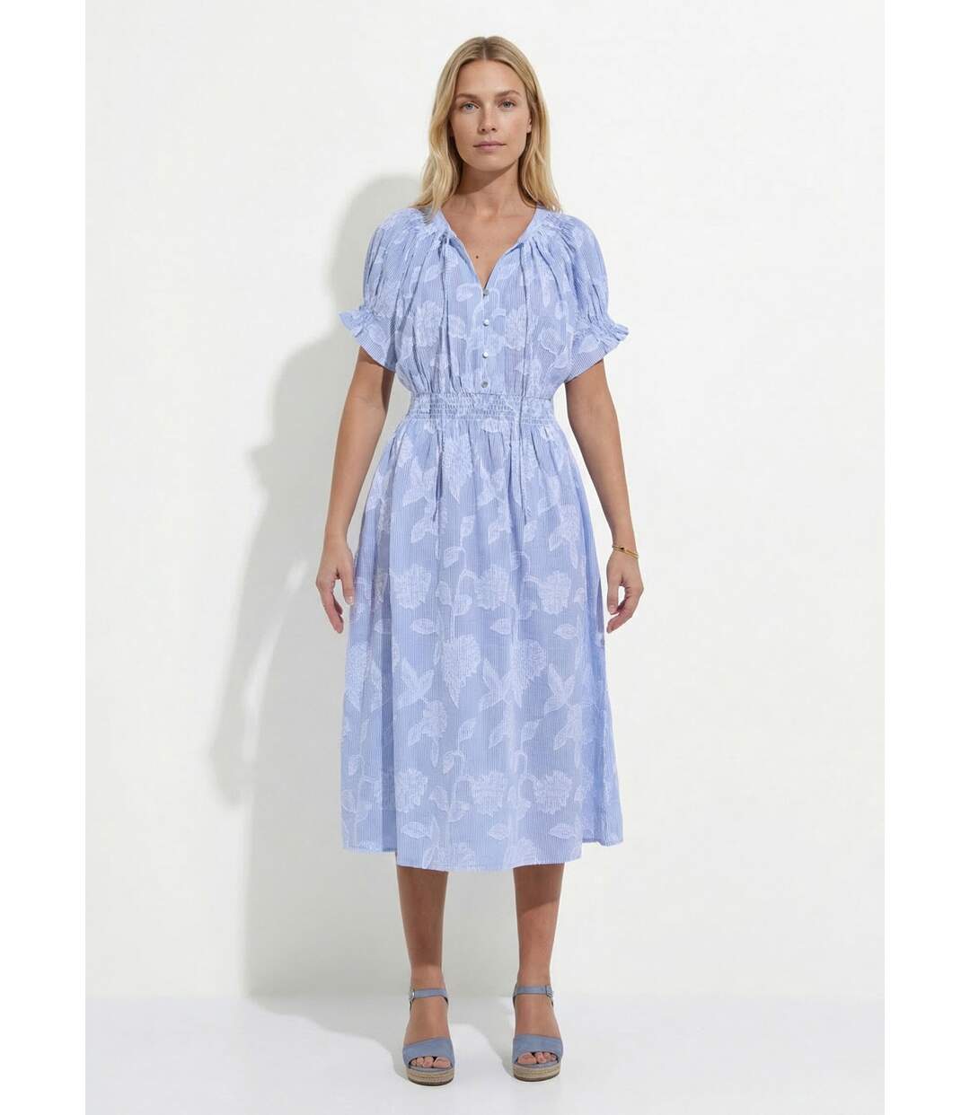 Robe longue smocks coton rayures et jacquard-1