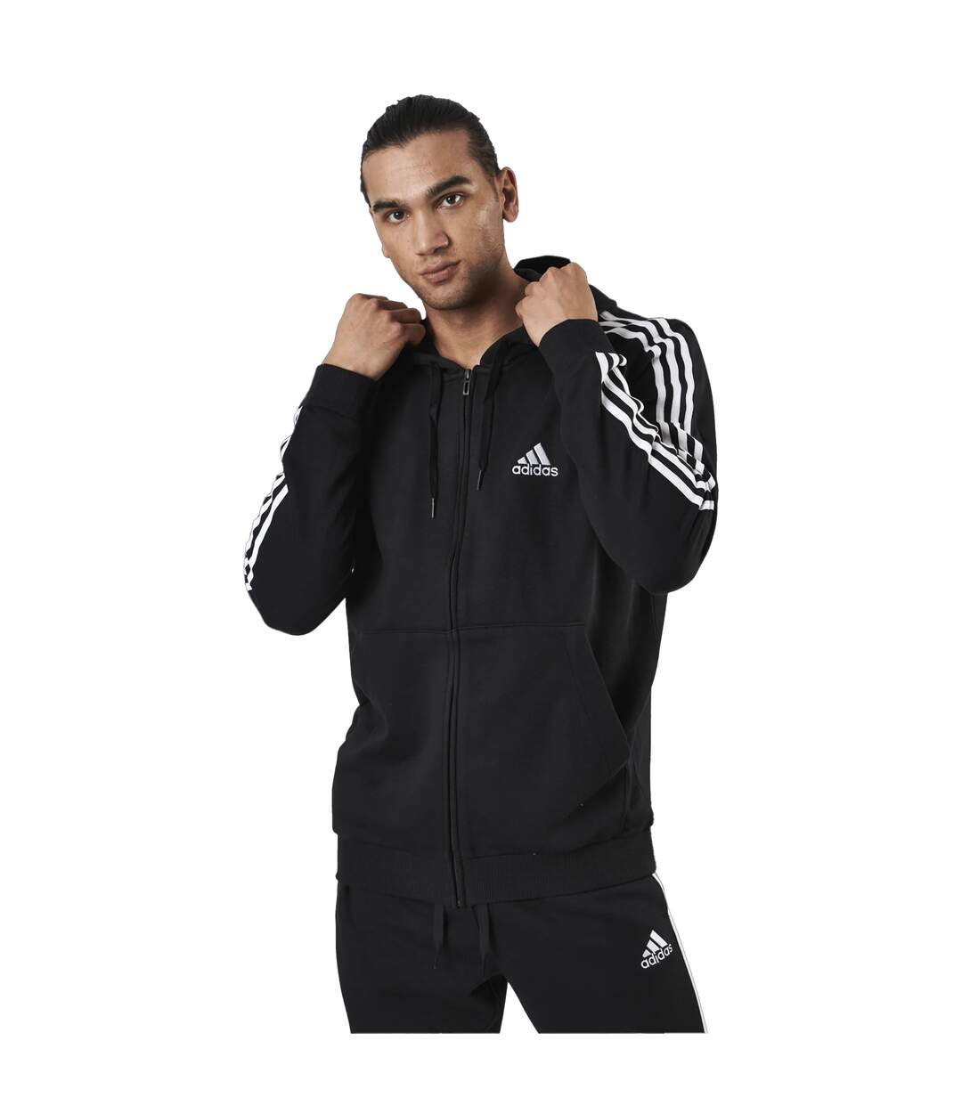 Mens Essentials 3 Stripes Full Zip Hoodie Black Adidas-3