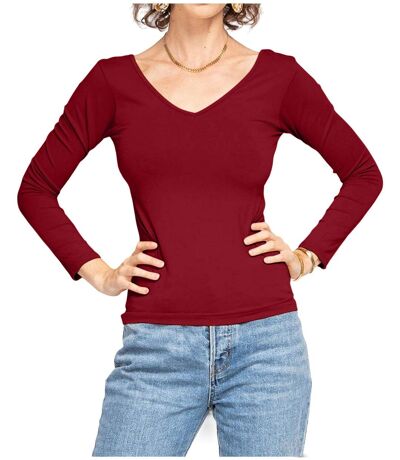 Tee shirt femme manches longues  col en V couleur rouge