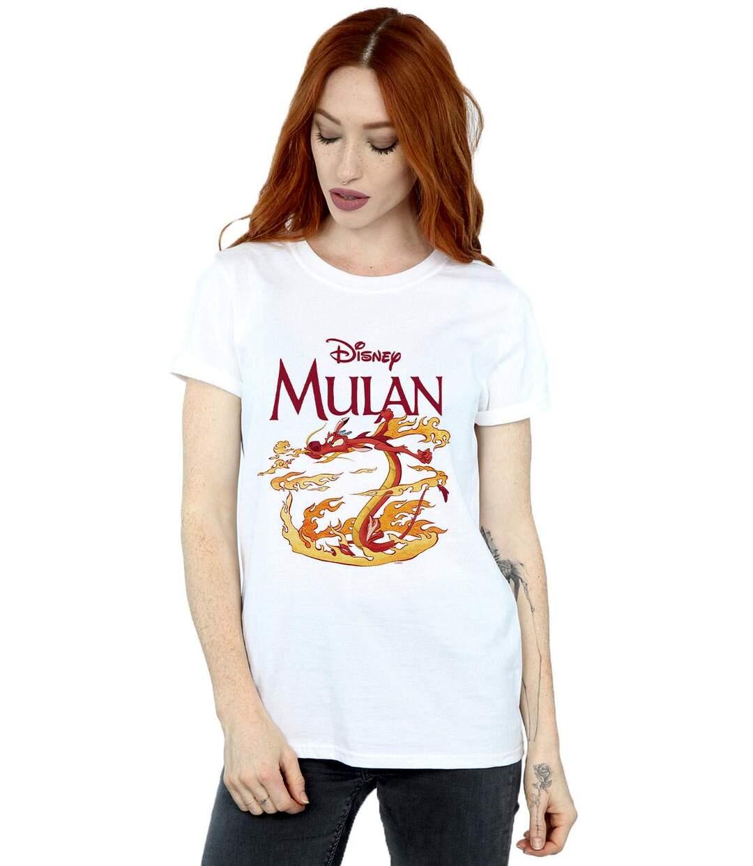 Disney Femme/Les femmes Mulan Mushu Dragon Fire Cotton Boyfriend T-Shirt (Blanc) - UTBI18033-2