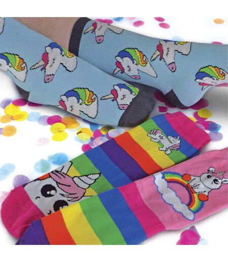 3 Pack Ladies Striped Colourful Novelty Rainbow Unicorn Socks