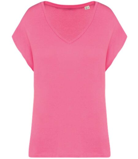 T-shirt loose à col V écoresponsable - Femme - PAT312 - rose candy