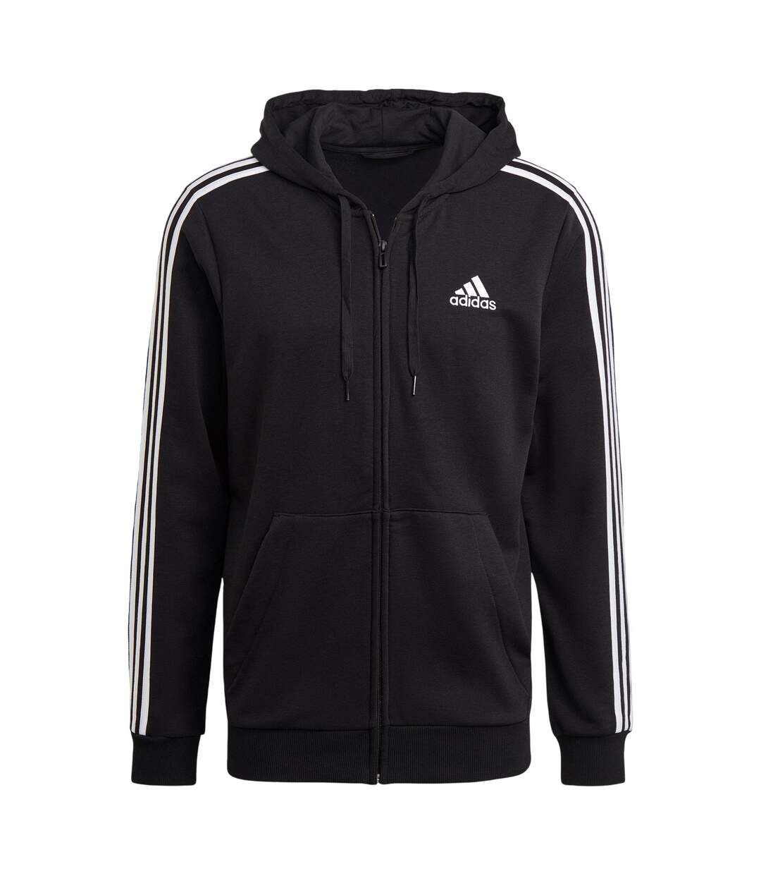 Mens 3 Stripes French Terry Relaxed Fit Casual Full Zip Hoodie Black Adidas-2