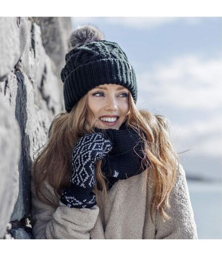 Ladies Knitted Turnover Cuffed Pom Pom Beanie Hat with Bobble