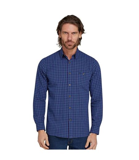 Mens windowpane check brushed cotton long-sleeved shirt navy Raging Bull