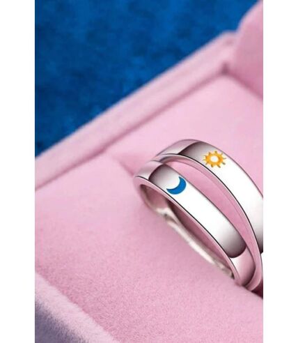 Adjustable Silver Couple Moon and Sun Matching Promise Ring set