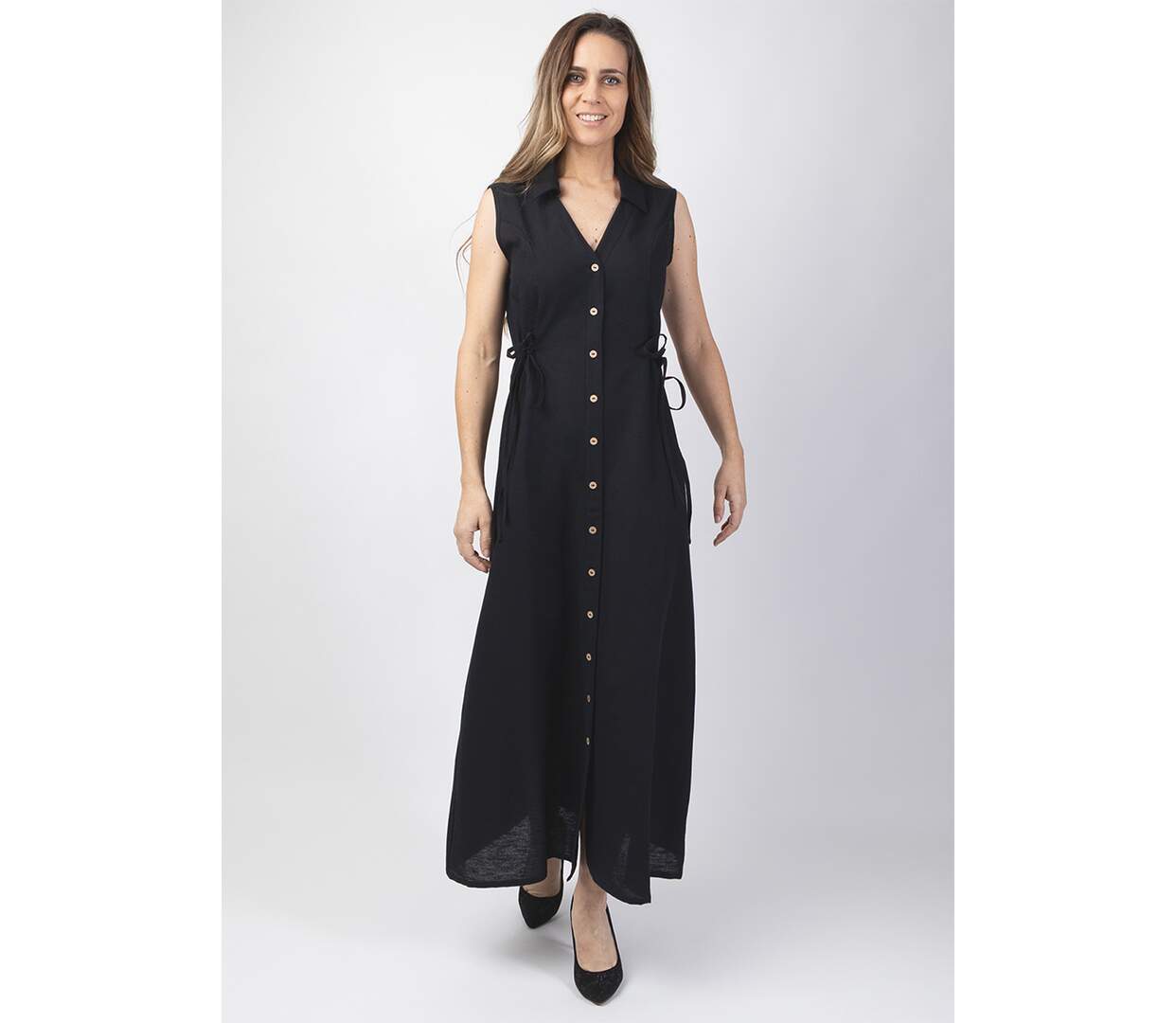 Robe longue féminine col tailleur PAULINE unie noire Coton Du Monde-2
