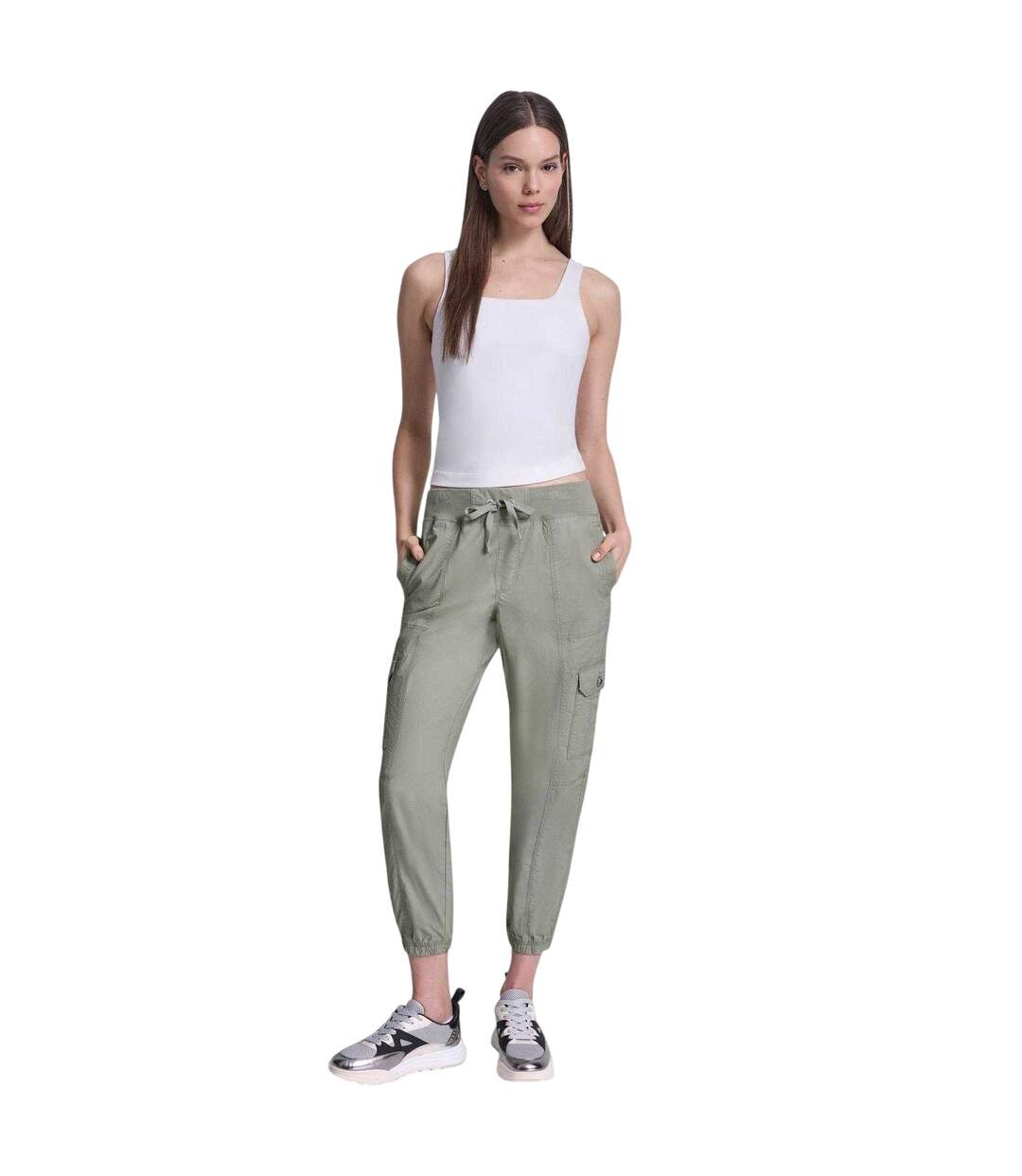 Womens/ladies Drawstring Waist Cargo Jogging Bottoms Bayleaf DKNY-1