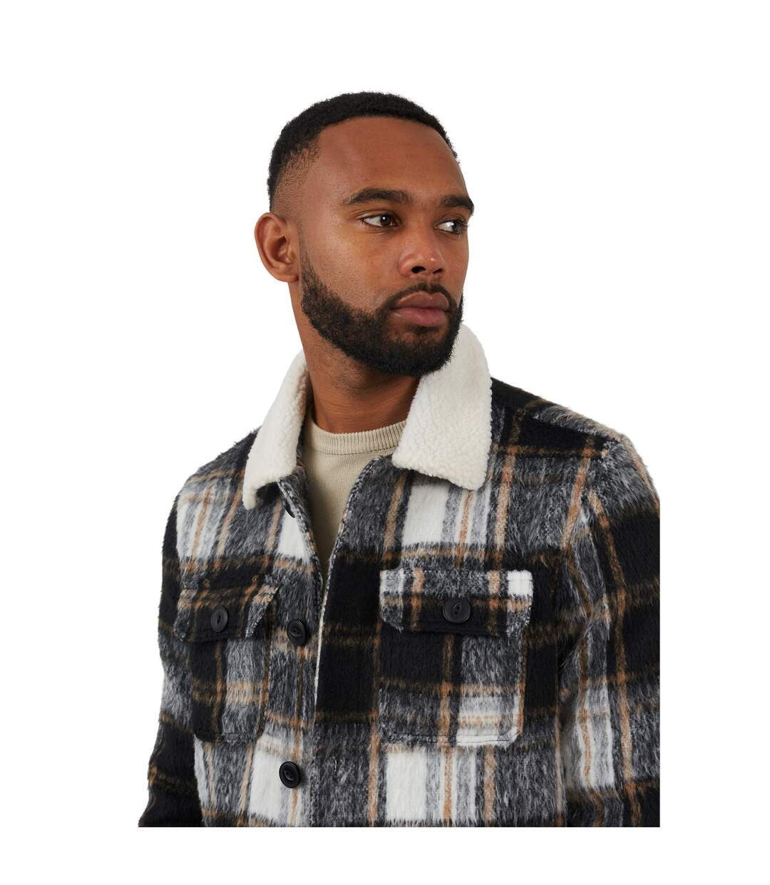 Mens Checked Brushed Jacket Black Cream Orange Brave Soul-4