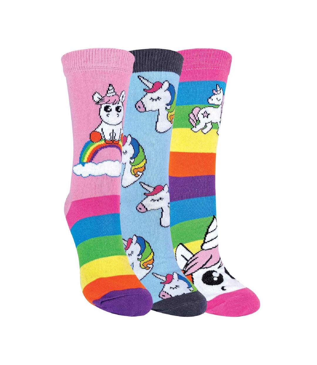 3 Pr Chaussettes Femme Coton Arc en Ciel Licorne-1