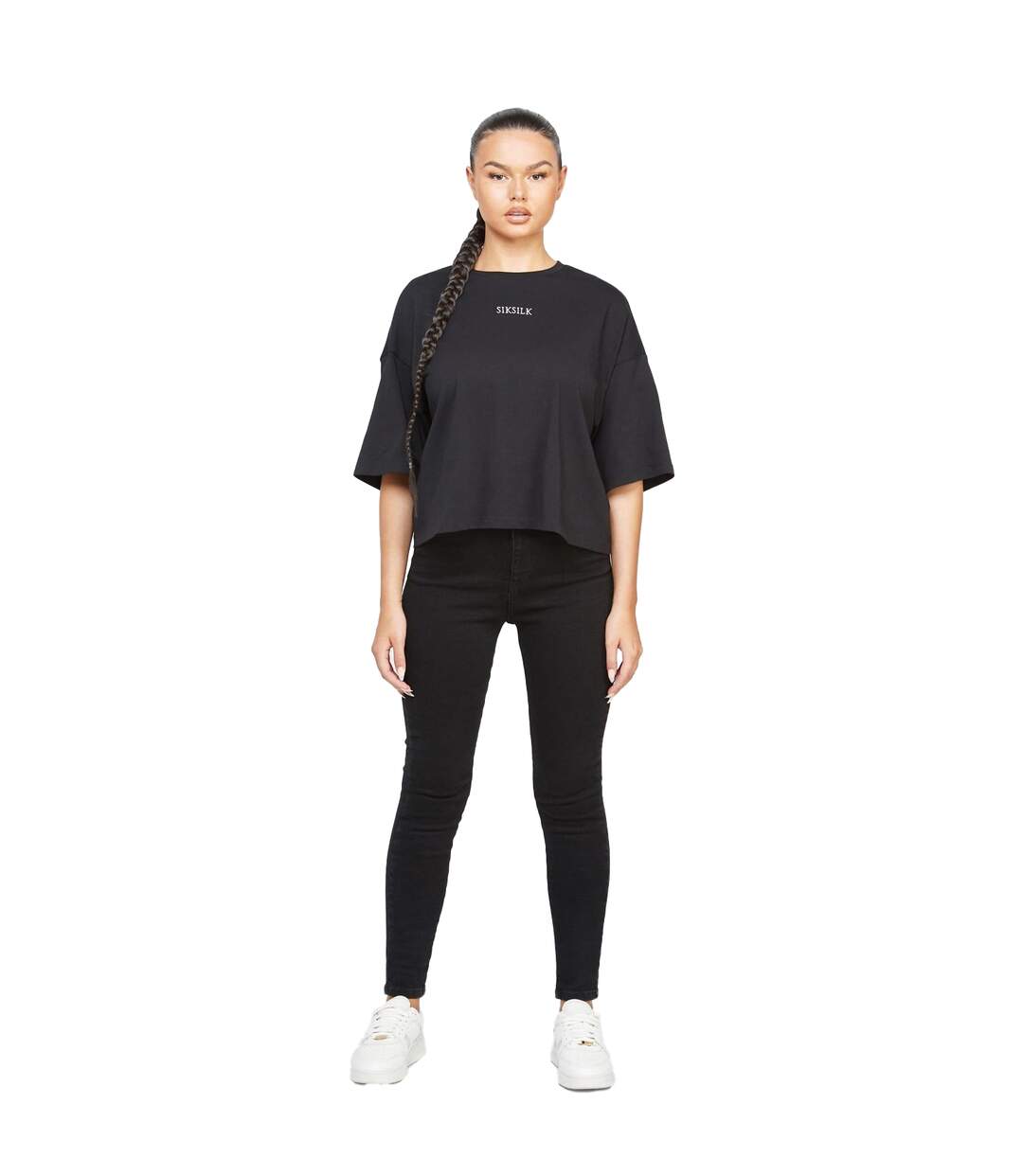Womens/ladies branded crop t-shirt black SikSilk-4