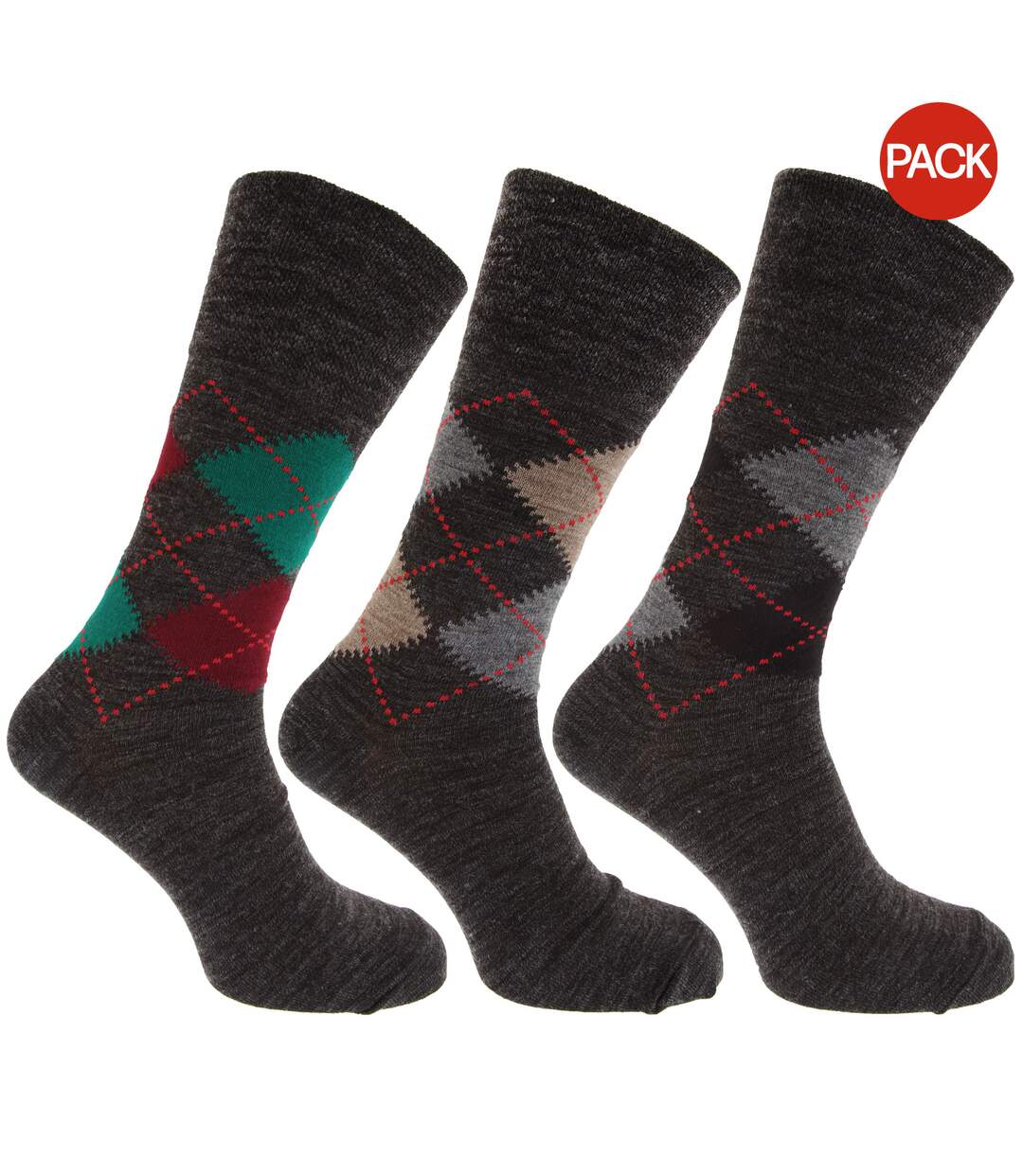 Mens Traditional Argyle Pattern Non Elastic Lambs Wool Blend Socks (Pack Of 3) (Shades of Grey) - UTMB276-1