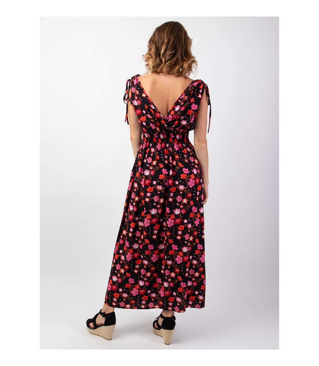 Robe longue larges bretelles TAMARA noire imprimé fleurs Coton Du Monde