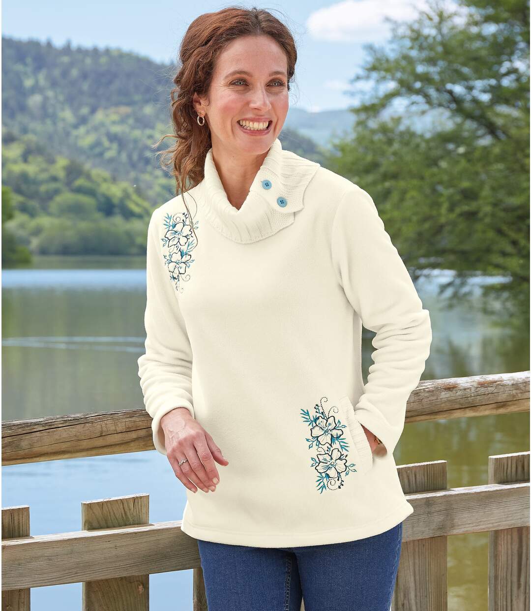 Women's Ecru Embroidered Fleece Jumper-1