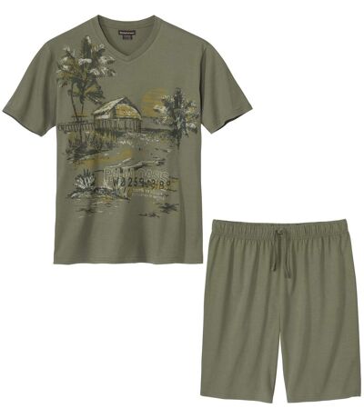 Men's Khaki Jersey Pyjama Short Set