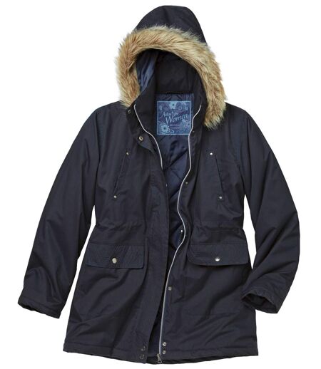 Women's Navy Blue Microtech Hooded Parka Coat