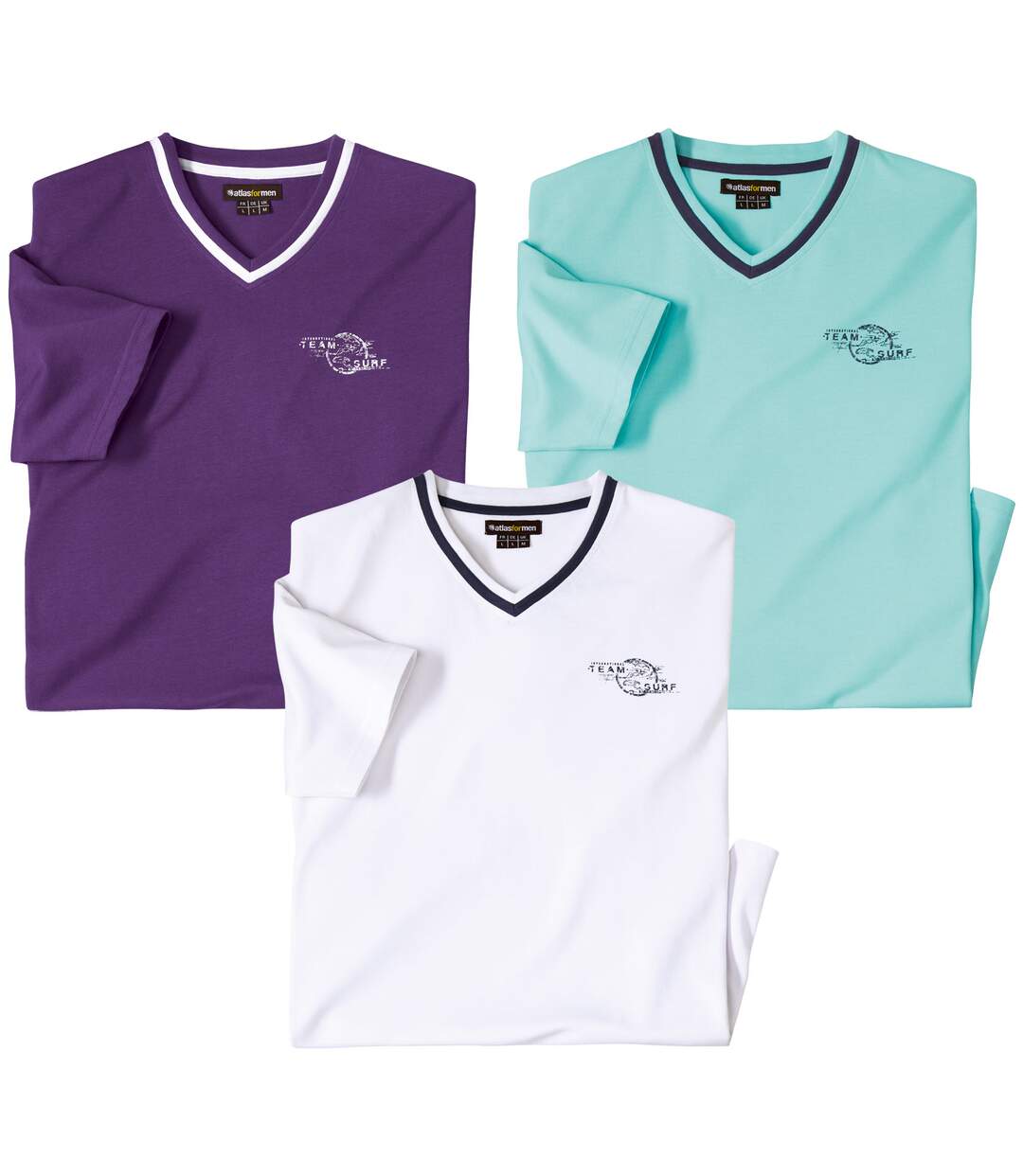 Pack of 3 Men's V-Neck T-Shirts - Purple Turquoise White-1