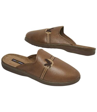 Men's Fleece-Lined Brown Faux-Leather Slippers