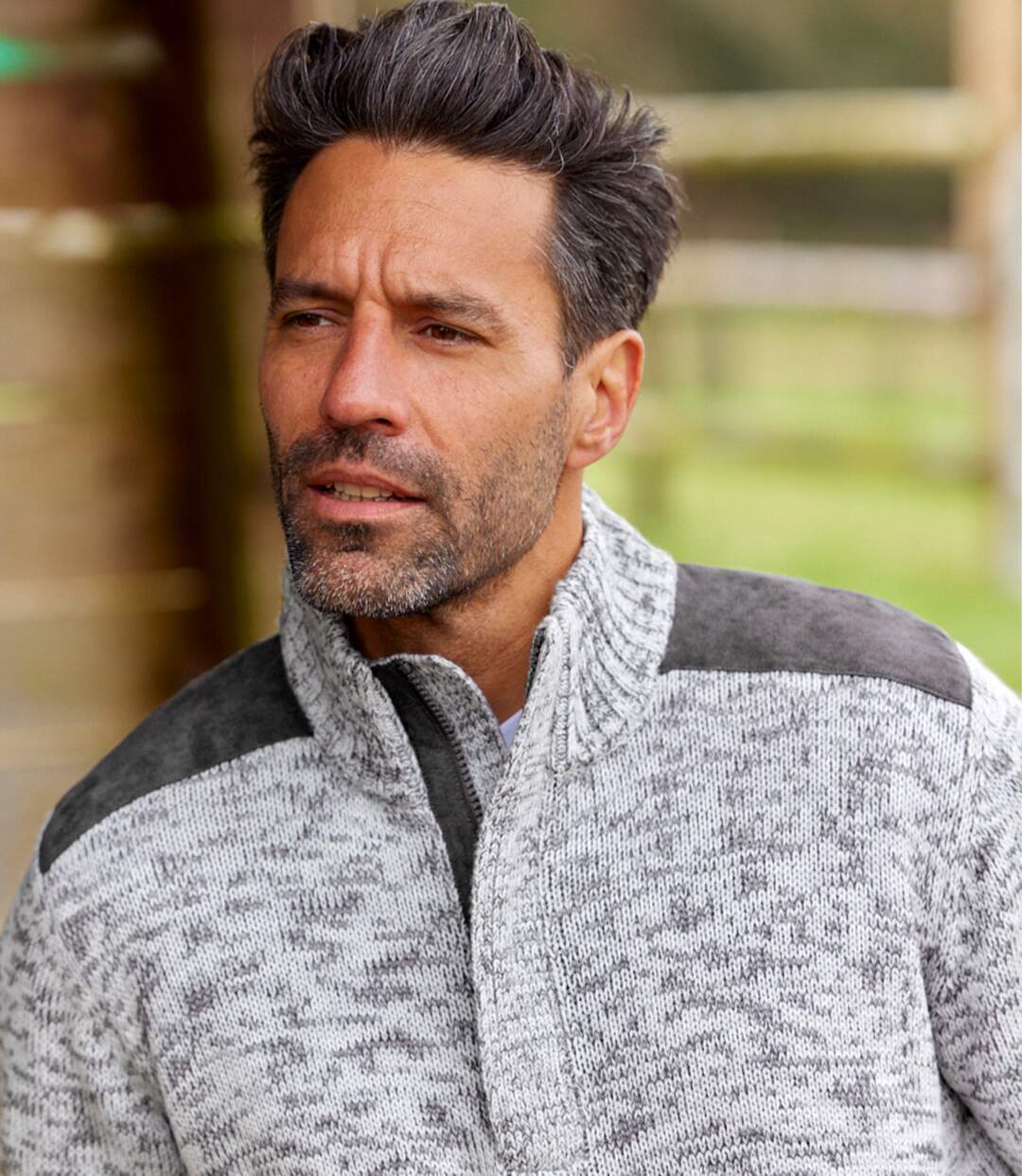Šedý melírovaný pulovr se stojatým límcem na zip Atlas For Men