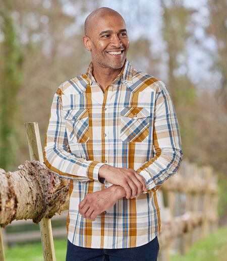 Men's Texas Checked Shirt - Ecru Yellow Blue