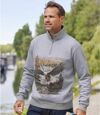 Men's Gray Eagle Print Brushed Fleece Sweater - Half Zip   Atlas For Men