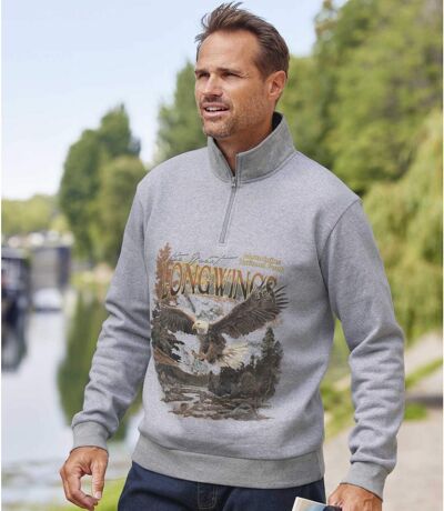 Men's Gray Eagle Print Brushed Fleece Sweater - Half Zip  