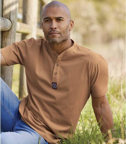 Pack of 3 Men's  Button-Neck T-Shirts- Red Blue Ochre 