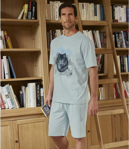 Men's Blue Short Pyjama Set - Wolf Print