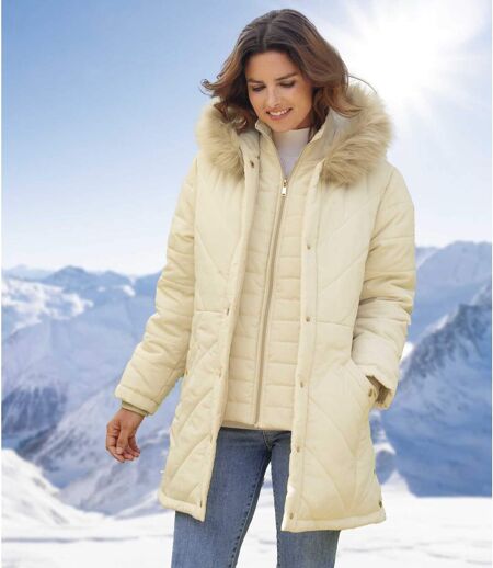 Dámská prošívaná bunda do arktické zimy s kapucí lemovanou odepínací umělou kožešinou 