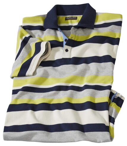 Men's Striped Sporty Polo Shirt - Grey Ecru Navy Green